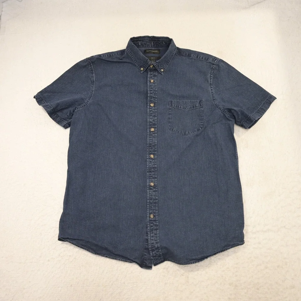 Banana Republic Button Up‎ Men L Slim Fit Blue Short Sleeve Denim Pocket Shirt
